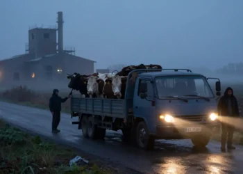 Landwirte laden nachts erschöpft Rinder von einem Transporter auf einer nebligen Landstraße ab, während im Hintergrund ein stillgelegter Schlachthof auf den geplanten Neuer Schlachthof verweist