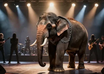 Ein Elefant in Ketten steht erschöpft auf einer Bühne, während eine Rockband im Hintergrund ablehnend wirkt – Symbolbild zur Kampagne PETA Alice In Chains.
