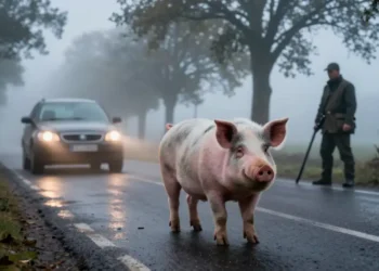 Ein nebliger Straßenrand in Bremervörde mit einem Schwein und einer Jägerin im Hintergrund als symbolische Szene für die PETA Strafanzeige