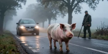 Ein nebliger Straßenrand in Bremervörde mit einem Schwein und einer Jägerin im Hintergrund als symbolische Szene für die PETA Strafanzeige