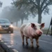 Ein nebliger Straßenrand in Bremervörde mit einem Schwein und einer Jägerin im Hintergrund als symbolische Szene für die PETA Strafanzeige