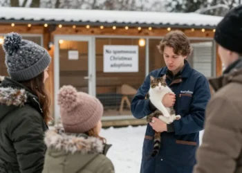 53 Tierheimmitarbeiter spricht mit einer Familie, während er eine Katze hält; im Hintergrund steht ein Schild „Keine spontanen Weihnachtsadoptionen“.
