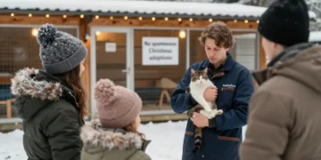 Tierheime verhängen Abgabestopp: Was wirklich hinter den Weihnachts-Regeln steckt – und wie PETA das Thema erneut für eigene Zwecke missbraucht 18 Tierheimmitarbeiter spricht mit einer Familie, während er eine Katze hält; im Hintergrund steht ein Schild „Keine spontanen Weihnachtsadoptionen“.