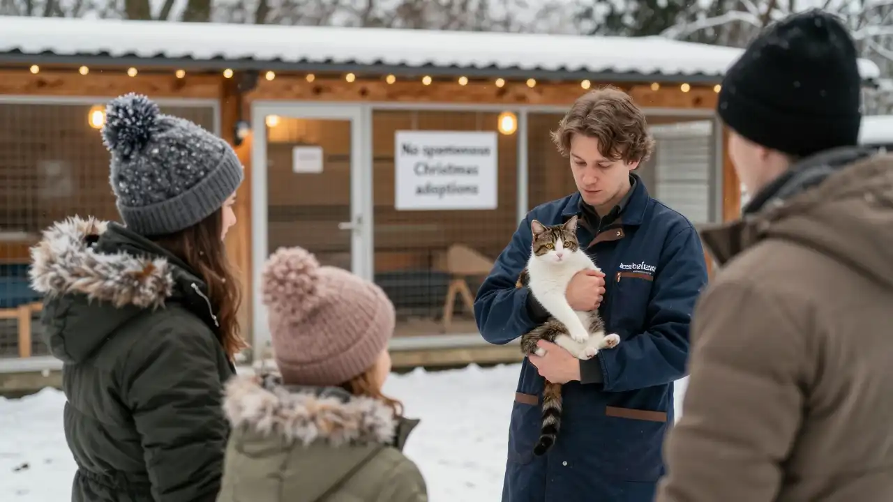 Tierheimmitarbeiter spricht mit einer Familie, während er eine Katze hält; im Hintergrund steht ein Schild „Keine spontanen Weihnachtsadoptionen“.