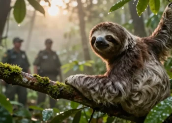 Ein Zweifingerfaultier sitzt im dichten Regenwald im warmen Morgenlicht, während im Hintergrund Naturschützende den neuen Schutzstatus Faultiere symbolisieren
