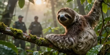 Ein Zweifingerfaultier sitzt im dichten Regenwald im warmen Morgenlicht, während im Hintergrund Naturschützende den neuen Schutzstatus Faultiere symbolisieren