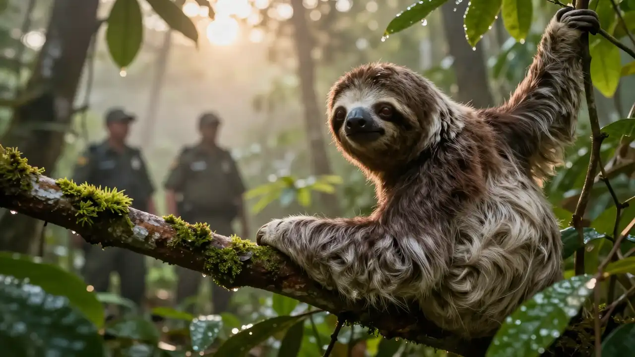 Ein Zweifingerfaultier sitzt im dichten Regenwald im warmen Morgenlicht, während im Hintergrund Naturschützende den neuen Schutzstatus Faultiere symbolisieren