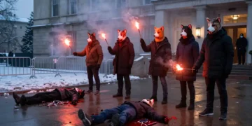 PETA Feuerwerksverbot – Wie jedes Jahr dieselbe Forderung, derselbe Druck, dieselbe undemokratische Masche 18 Aktivisten mit Tiermasken protestieren vor einem Regierungsgebäude gegen das PETA Feuerwerksverbot, zwei liegen blutverschmiert am Boden zwischen Feuerwerksresten, rote Fackeln erhellen die Szene