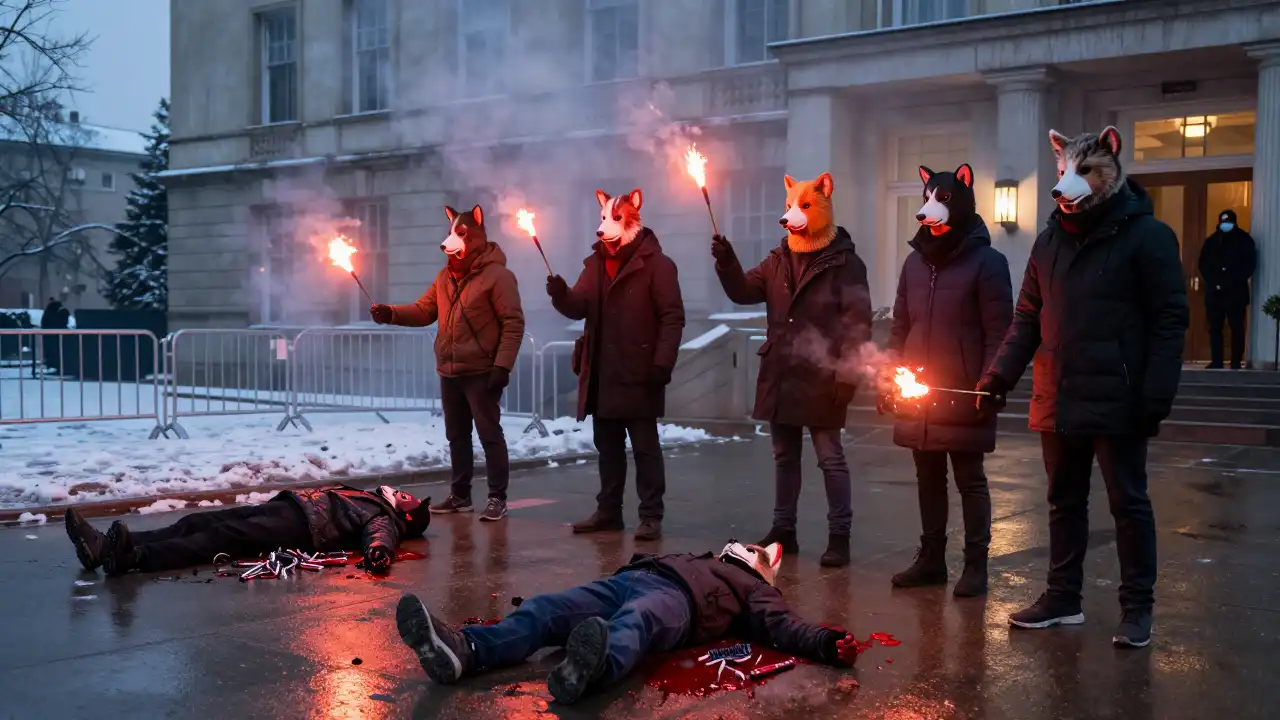 Aktivisten mit Tiermasken protestieren vor einem Regierungsgebäude gegen das PETA Feuerwerksverbot, zwei liegen blutverschmiert am Boden zwischen Feuerwerksresten, rote Fackeln erhellen die Szene