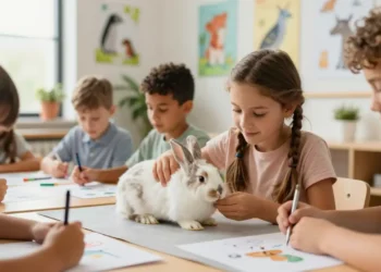 Schüler arbeiten in einem hellen Klassenraum gemeinsam an einem Tierpflegeprojekt mit einem Kaninchen und symbolisieren den Landeswettbewerb Tierschutz