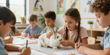 Schüler arbeiten in einem hellen Klassenraum gemeinsam an einem Tierpflegeprojekt mit einem Kaninchen und symbolisieren den Landeswettbewerb Tierschutz