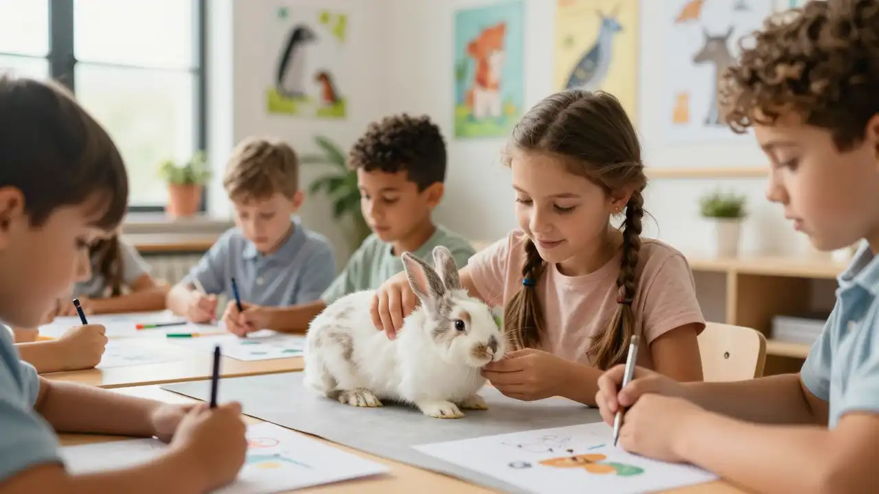 Landeswettbewerb Tierschutz: Baden-Württemberg ruft Schülerinnen und Schüler zum Mitmachen auf 1 Schüler arbeiten in einem hellen Klassenraum gemeinsam an einem Tierpflegeprojekt mit einem Kaninchen und symbolisieren den Landeswettbewerb Tierschutz