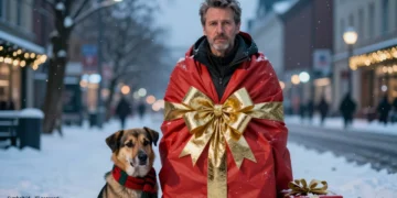 Detlef Steves als PETA-Weihnachtsgeschenk – gute Absicht, problematische Botschaft 21 Detlef Steves PETA als menschliches Weihnachtsgeschenk in winterlicher Umgebung mit Hund neben sich.