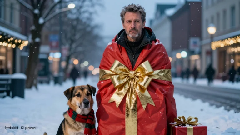 Detlef Steves PETA als menschliches Weihnachtsgeschenk in winterlicher Umgebung mit Hund neben sich.