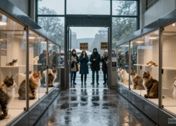 Blick in eine Ausstellungshalle mit Katzen in Präsentationskäfigen, während draußen im Regen Tierschützer gegen den Katzenshow Boykott protestieren