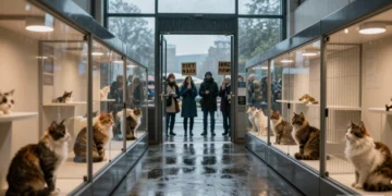 Blick in eine Ausstellungshalle mit Katzen in Präsentationskäfigen, während draußen im Regen Tierschützer gegen den Katzenshow Boykott protestieren