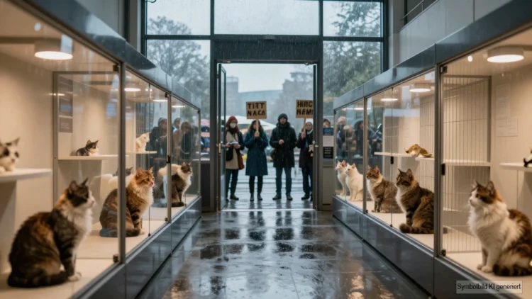 Katzenshow Boykott in Reichshof: Wie PETA erneut gegen Zucht und Ausstellung mobilisiert 32 Blick in eine Ausstellungshalle mit Katzen in Präsentationskäfigen, während draußen im Regen Tierschützer gegen den Katzenshow Boykott protestieren