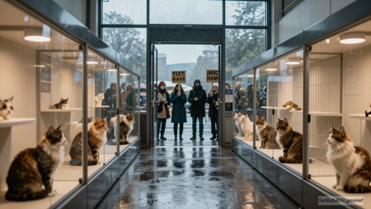 Katzenshow Boykott in Reichshof: Wie PETA erneut gegen Zucht und Ausstellung mobilisiert 1 Blick in eine Ausstellungshalle mit Katzen in Präsentationskäfigen, während draußen im Regen Tierschützer gegen den Katzenshow Boykott protestieren