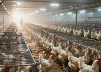 Industrielle Schlachtung: PETA fordert „Kein Recht auf Mord“ – und wirft selbst unbequeme Fragen auf 28 Blick in eine riesige Geflügelschlachtanlage mit endlosen Reihen enger Metallkäfige und tausenden Hühnern als Symbol für industrielle Schlachtung