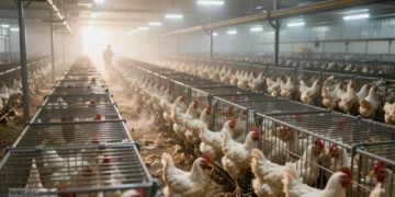 Blick in eine riesige Geflügelschlachtanlage mit endlosen Reihen enger Metallkäfige und tausenden Hühnern als Symbol für industrielle Schlachtung