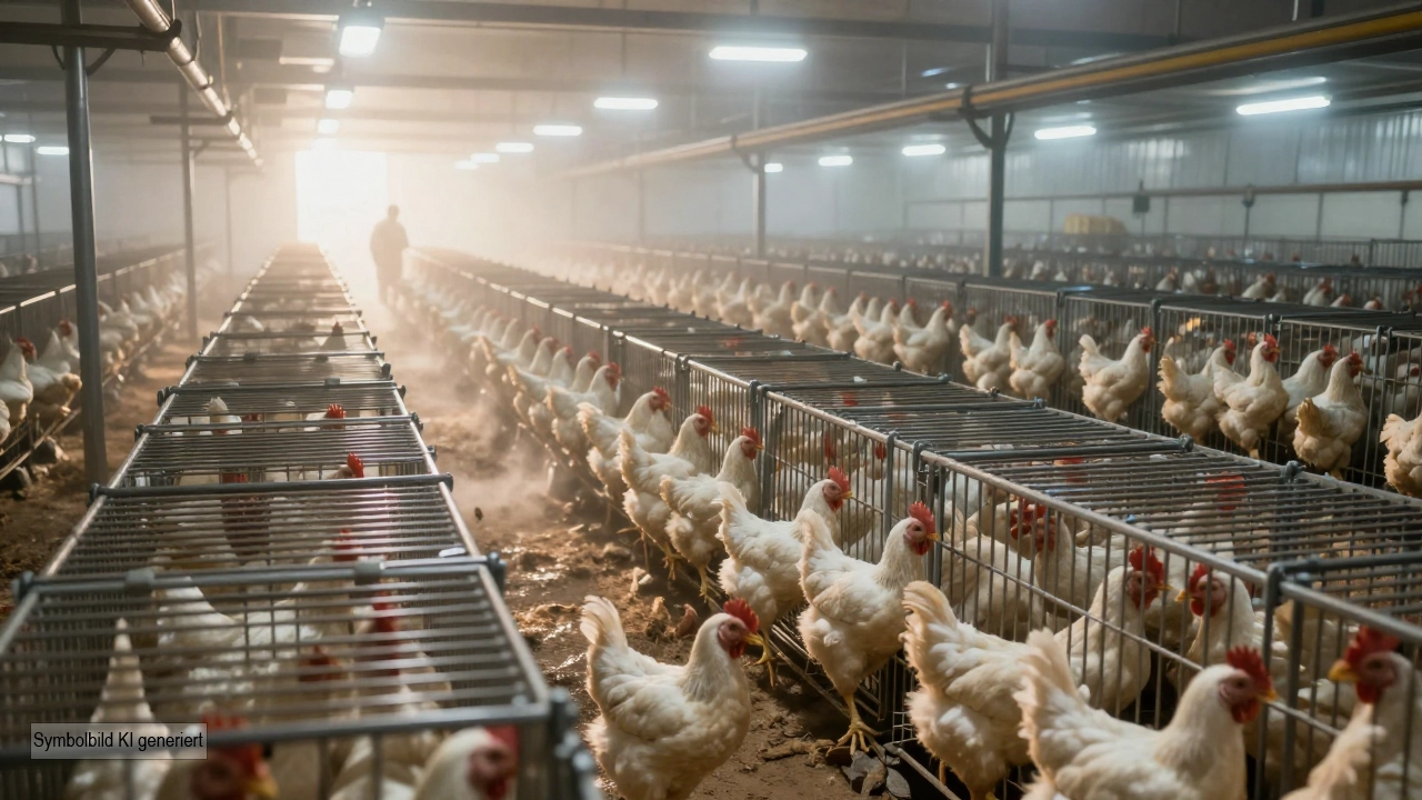 Industrielle Schlachtung: PETA fordert „Kein Recht auf Mord“ – und wirft selbst unbequeme Fragen auf 1 Blick in eine riesige Geflügelschlachtanlage mit endlosen Reihen enger Metallkäfige und tausenden Hühnern als Symbol für industrielle Schlachtung