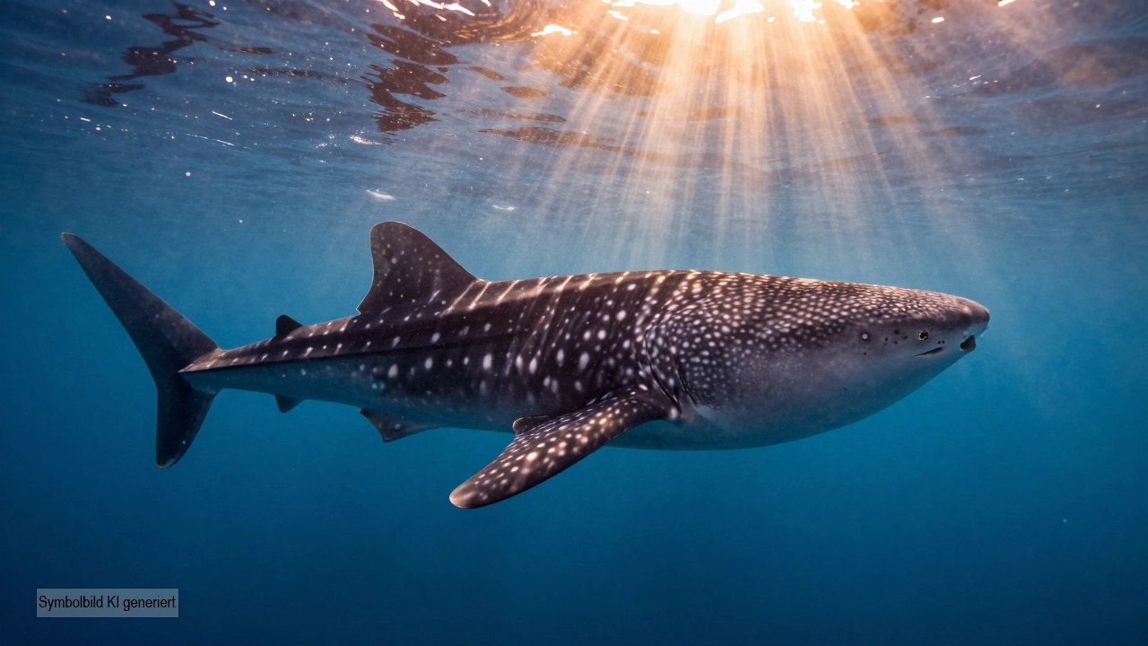 Majestätischer Walhai und Weißspitzen-Hochseehai schwimmen im klaren Morgenlicht frei durch den Ozean als Symbol für das Haihandel Verbot