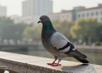 Eine einzelne Stadt­taube sitzt ruhig auf einem Stein­geländer im Morgenlicht und symbolisiert die wissenschaftliche Einordnung von Geflügelpest Tauben