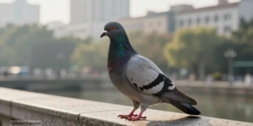 Geflügelpest Tauben – Was wirklich hinter der Entwarnung des BMLEH steckt 20 Eine einzelne Stadttaube sitzt ruhig auf einem Steingeländer im Morgenlicht und symbolisiert die wissenschaftliche Einordnung von Geflügelpest Tauben