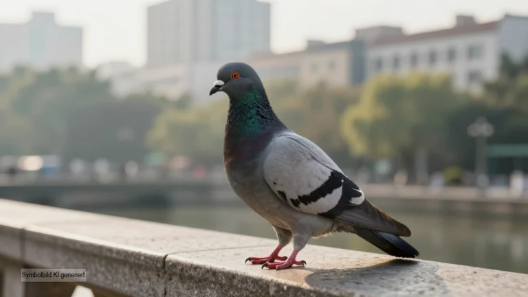 Eine einzelne Stadt­taube sitzt ruhig auf einem Stein­geländer im Morgenlicht und symbolisiert die wissenschaftliche Einordnung von Geflügelpest Tauben