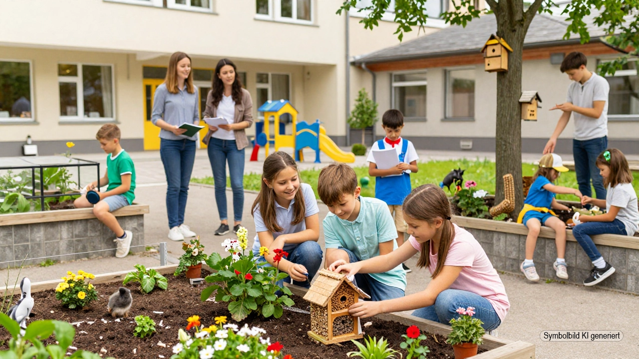 Kinder und Jugendliche engagieren sich beim Tierschutzpreis Dortmund 2025 in einem Schulgarten und einem Schulvivarium für Tiere und Natur.