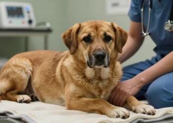 Rettungshund Buddy liegt geschwächt auf einer Decke in einer Tierklinik, während seine Hundeführerin beruhigend seine Pfote hält