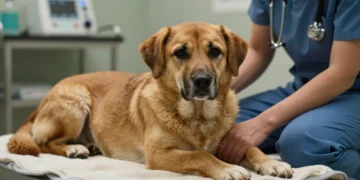 Rettungshund Buddy – Ein Held, der jetzt unsere Hilfe braucht 21 Rettungshund Buddy liegt geschwächt auf einer Decke in einer Tierklinik, während seine Hundeführerin beruhigend seine Pfote hält