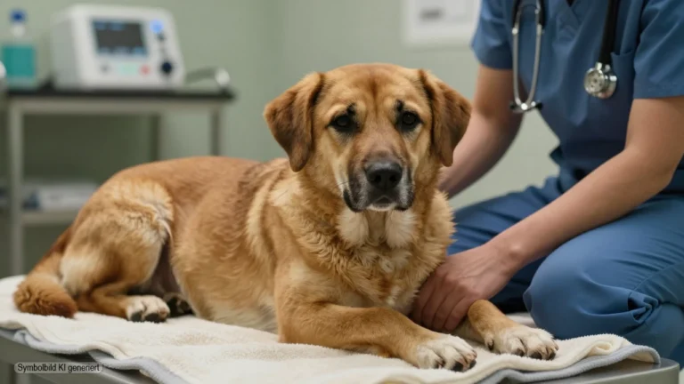 Rettungshund Buddy liegt geschwächt auf einer Decke in einer Tierklinik, während seine Hundeführerin beruhigend seine Pfote hält