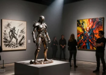 Besucher betrachten zwei dramatisch ausgeleuchtete Bolt-Thrower-Kunstwerke in einer modernen Galerie mit kritischem Fokus auf die BOLT THROWER Auktion zugunsten des Tierschutzes