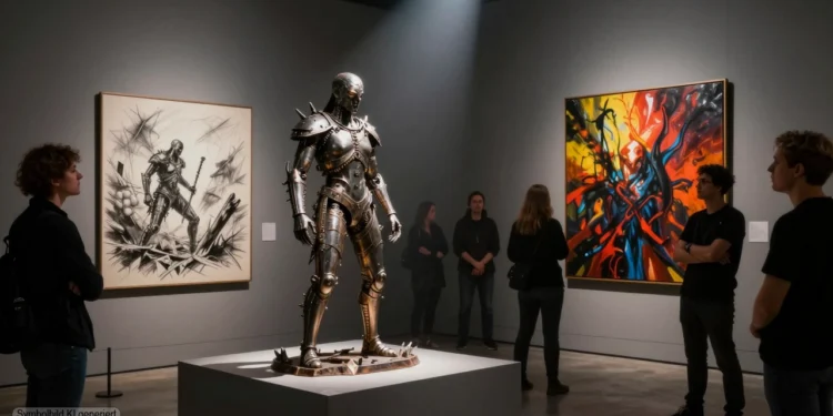 BOLT THROWER Auktion – Wie PETA mit Metal-Kult Marketing macht 11 Besucher betrachten zwei dramatisch ausgeleuchtete Bolt-Thrower-Kunstwerke in einer modernen Galerie mit kritischem Fokus auf die BOLT THROWER Auktion zugunsten des Tierschutzes