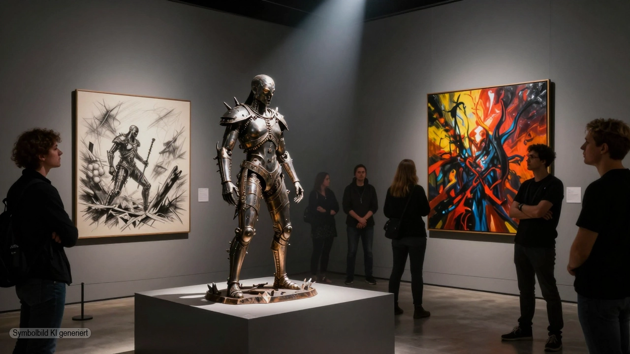 BOLT THROWER Auktion – Wie PETA mit Metal-Kult Marketing macht 1 Besucher betrachten zwei dramatisch ausgeleuchtete Bolt-Thrower-Kunstwerke in einer modernen Galerie mit kritischem Fokus auf die BOLT THROWER Auktion zugunsten des Tierschutzes