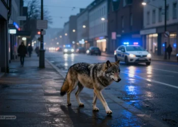 Nachtszene im Stadtzentrum mit einem Wolf auf leerer Straße im Licht eines Polizeiwagens als Symbol der Wolf Sichtung Lüdenscheid