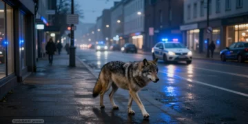 Wolf Sichtung Lüdenscheid – Wenn Raubtiere durch Städte laufen und Hunde an der Leine enden 22 Nachtszene im Stadtzentrum mit einem Wolf auf leerer Straße im Licht eines Polizeiwagens als Symbol der Wolf Sichtung Lüdenscheid