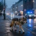 Wolf Sichtung Lüdenscheid – Wenn Raubtiere durch Städte laufen und Hunde an der Leine enden 8 Nachtszene im Stadtzentrum mit einem Wolf auf leerer Straße im Licht eines Polizeiwagens als Symbol der Wolf Sichtung Lüdenscheid