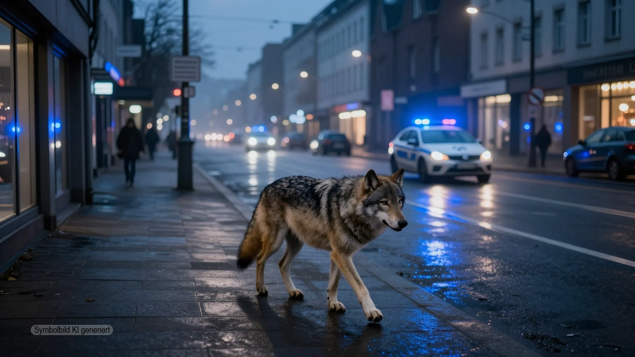 Nachtszene im Stadtzentrum mit einem Wolf auf leerer Straße im Licht eines Polizeiwagens als Symbol der Wolf Sichtung Lüdenscheid
