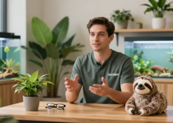 Zoo Zajac: Ein Neuanfang für Norberts Lebenswerk 12 Moderator steht in einem warm beleuchteten Studio vor einem Tisch mit Pflanzen und einem Stofffaultier und erklärt den geplanten Neuanfang von Zoo Zajac.