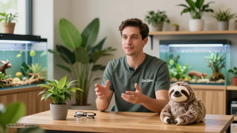 Moderator steht in einem warm beleuchteten Studio vor einem Tisch mit Pflanzen und einem Stofffaultier und erklärt den geplanten Neuanfang von Zoo Zajac.
