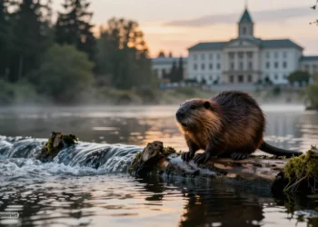Ein Biber steht auf einem Damm in einer Flusslandschaft bei Dämmerung, im Hintergrund ein Regierungsgebäude als Symbol für den Konflikt um Aiwanger Biberabschuss