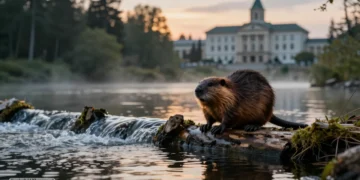 Ein Biber steht auf einem Damm in einer Flusslandschaft bei Dämmerung, im Hintergrund ein Regierungsgebäude als Symbol für den Konflikt um Aiwanger Biberabschuss