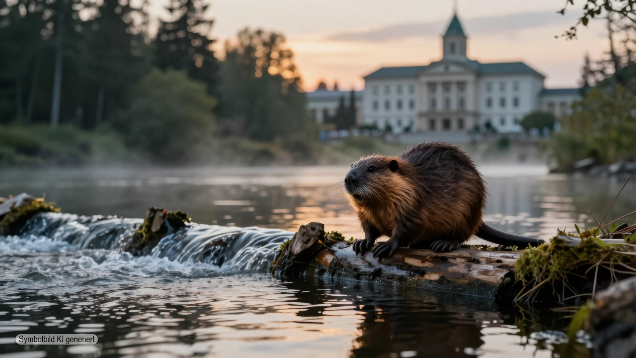 Ein Biber steht auf einem Damm in einer Flusslandschaft bei Dämmerung, im Hintergrund ein Regierungsgebäude als Symbol für den Konflikt um Aiwanger Biberabschuss