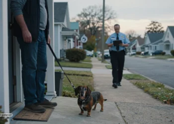 Ein Hundehalter steht unsicher mit seinem älteren Dackel vor der Haustür, während ein kontrollierender Beamter den Gehweg entlanggeht und die Szene den PETA Gassi-Zwang symbolisiert