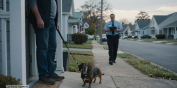 PETA Gassi-Zwang: Wenn Aktivismus die Lebensrealität von Hundehaltern ignoriert 22 Ein Hundehalter steht unsicher mit seinem älteren Dackel vor der Haustür, während ein kontrollierender Beamter den Gehweg entlanggeht und die Szene den PETA Gassi-Zwang symbolisiert