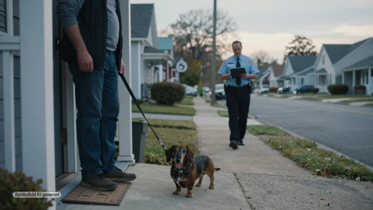 Ein Hundehalter steht unsicher mit seinem älteren Dackel vor der Haustür, während ein kontrollierender Beamter den Gehweg entlanggeht und die Szene den PETA Gassi-Zwang symbolisiert