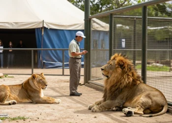 Ruheraum für gesunde Großkatzen im Circus Krone mit betreuendem Tierpfleger im Vordergrund und entfernten Demonstranten als Symbol für PETA Kritik