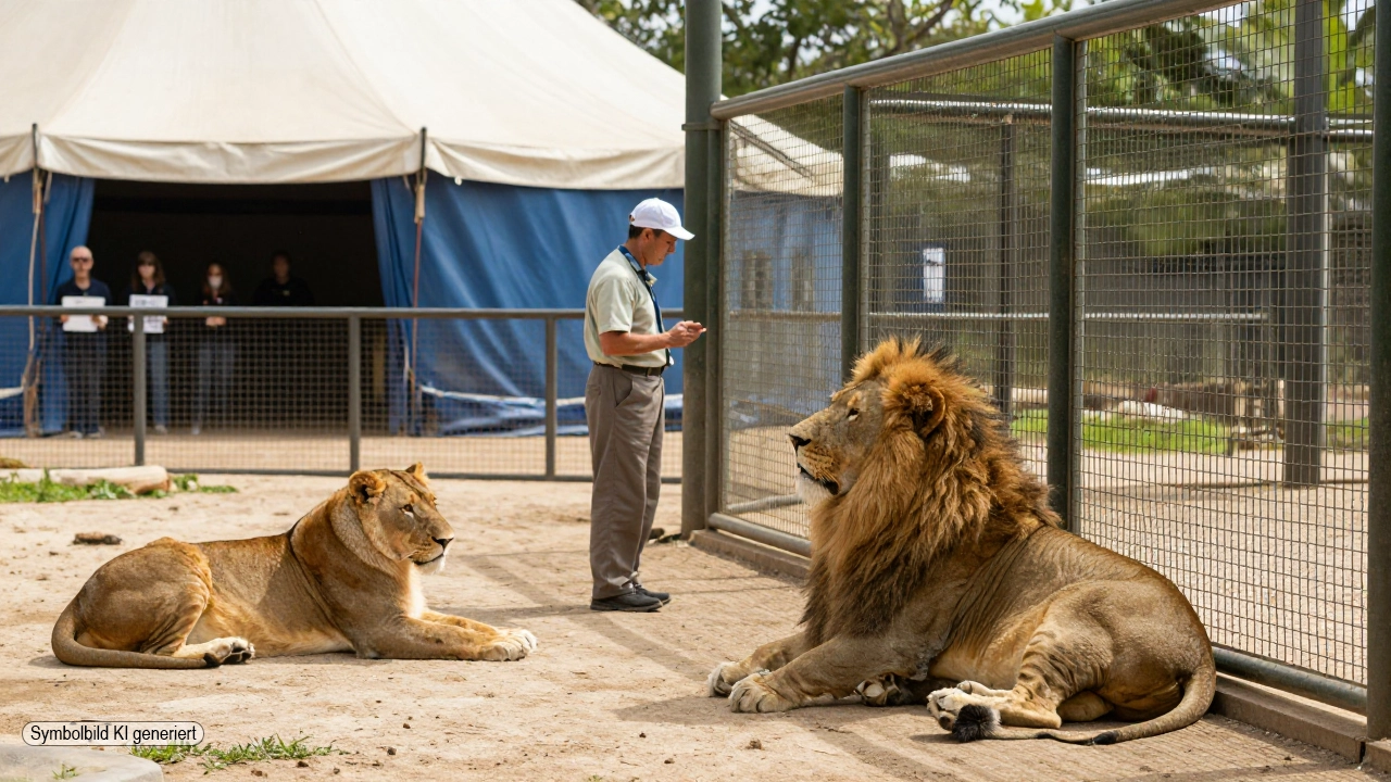 PETA Kritik an Circus Krone – Wenn Ideologie wichtiger wird als Fakten 1 Ruheraum für gesunde Großkatzen im Circus Krone mit betreuendem Tierpfleger im Vordergrund und entfernten Demonstranten als Symbol für PETA Kritik